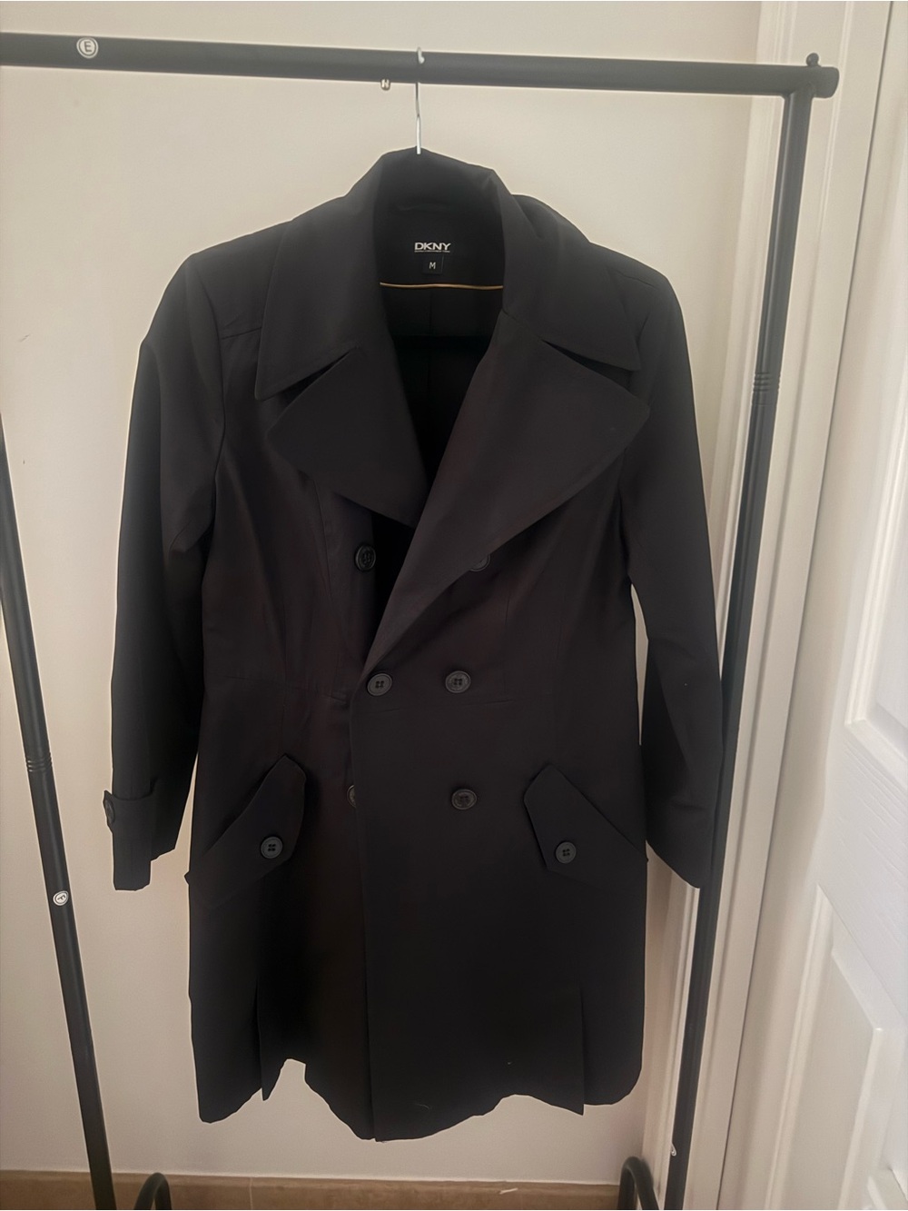 DKNY Black Double-Breasted Rain Trench Coat